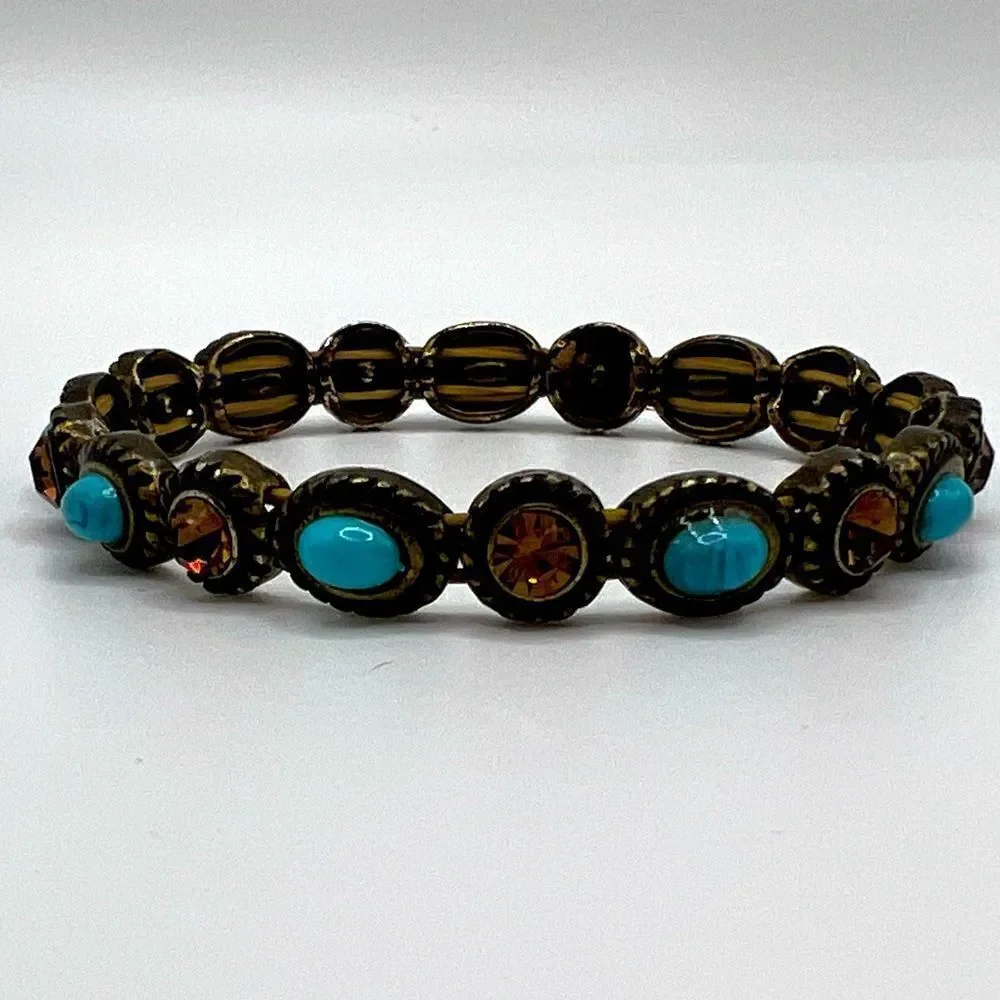 Silver tone, faux turquoise and rhinestone beaded bracelet